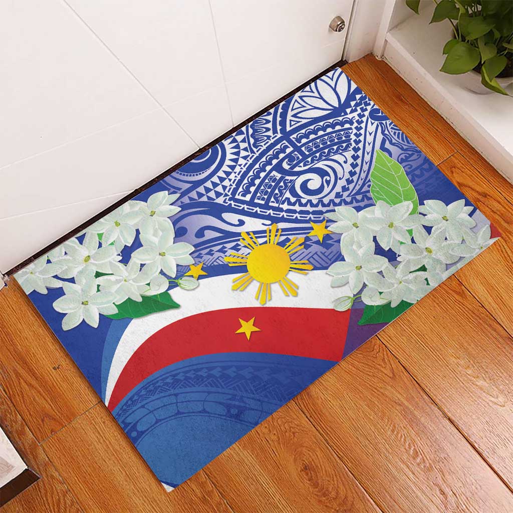Philippines Flag Rubber Doormat Sampaguita Jasmine with Polynesian Tribal - Wonder Print Shop
