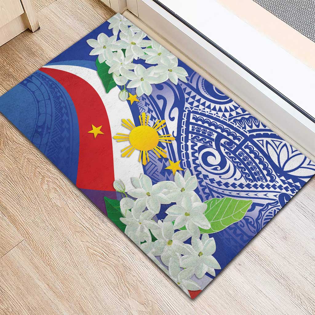 Philippines Flag Rubber Doormat Sampaguita Jasmine with Polynesian Tribal - Wonder Print Shop