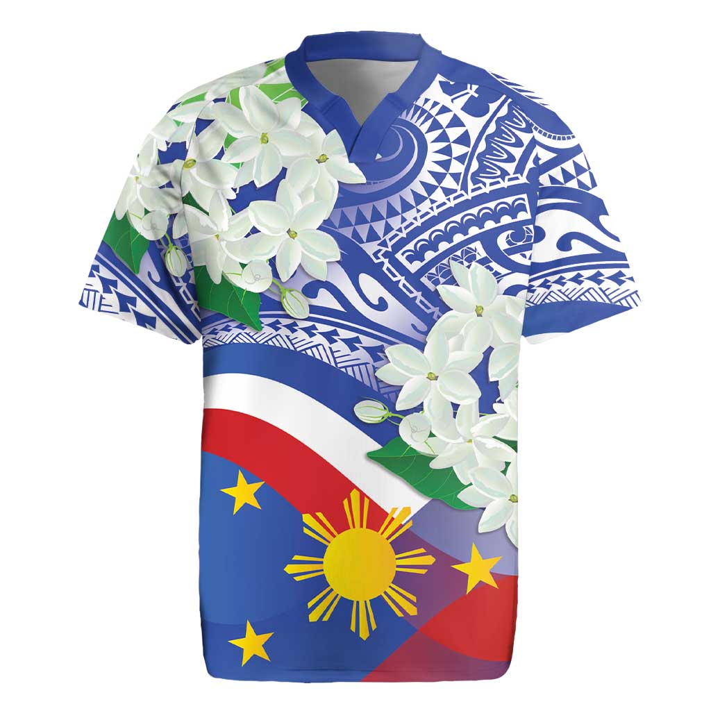 Philippines Flag Rugby Jersey Sampaguita Jasmine with Polynesian Tribal - Wonder Print Shop