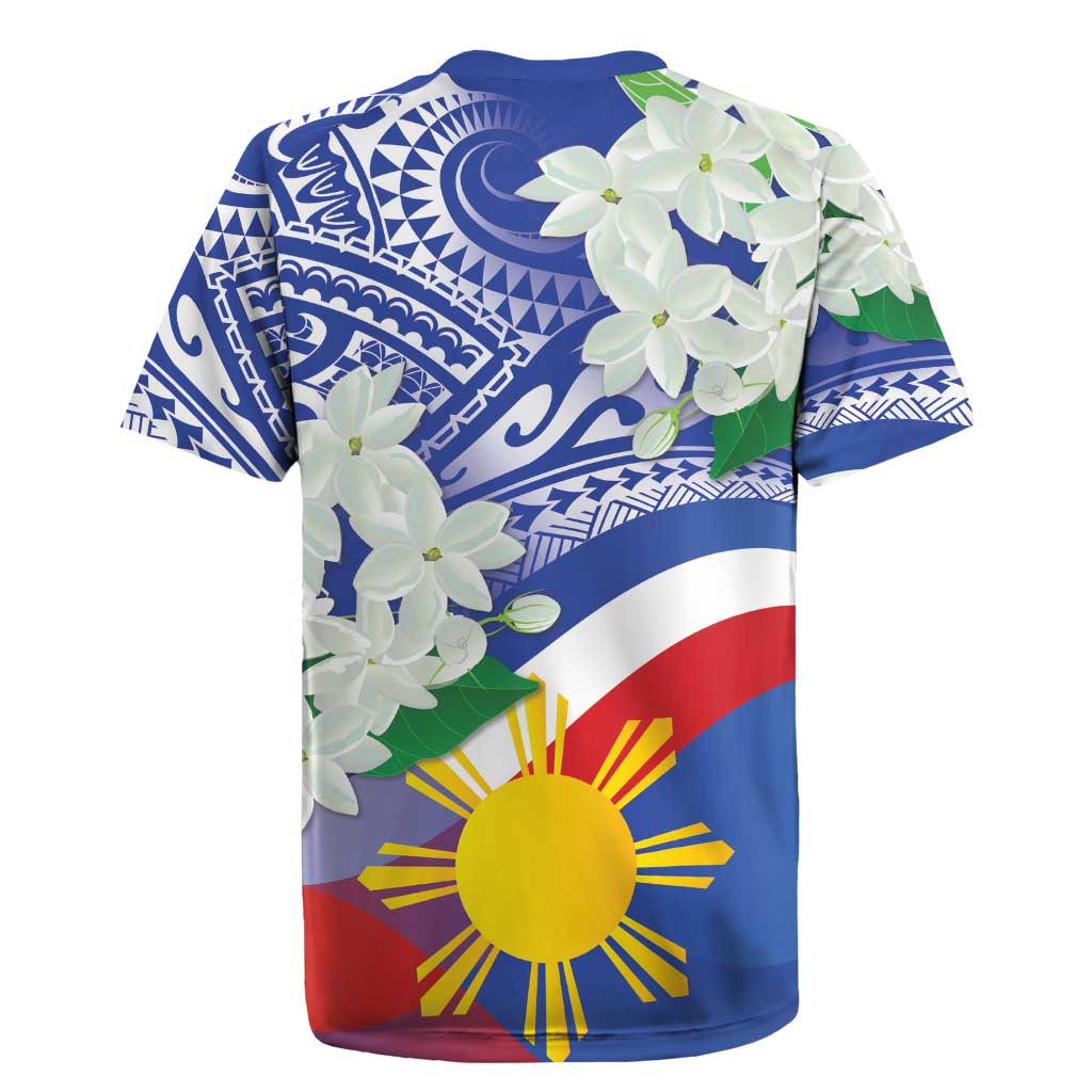 Philippines Flag Rugby Jersey Sampaguita Jasmine with Polynesian Tribal - Wonder Print Shop