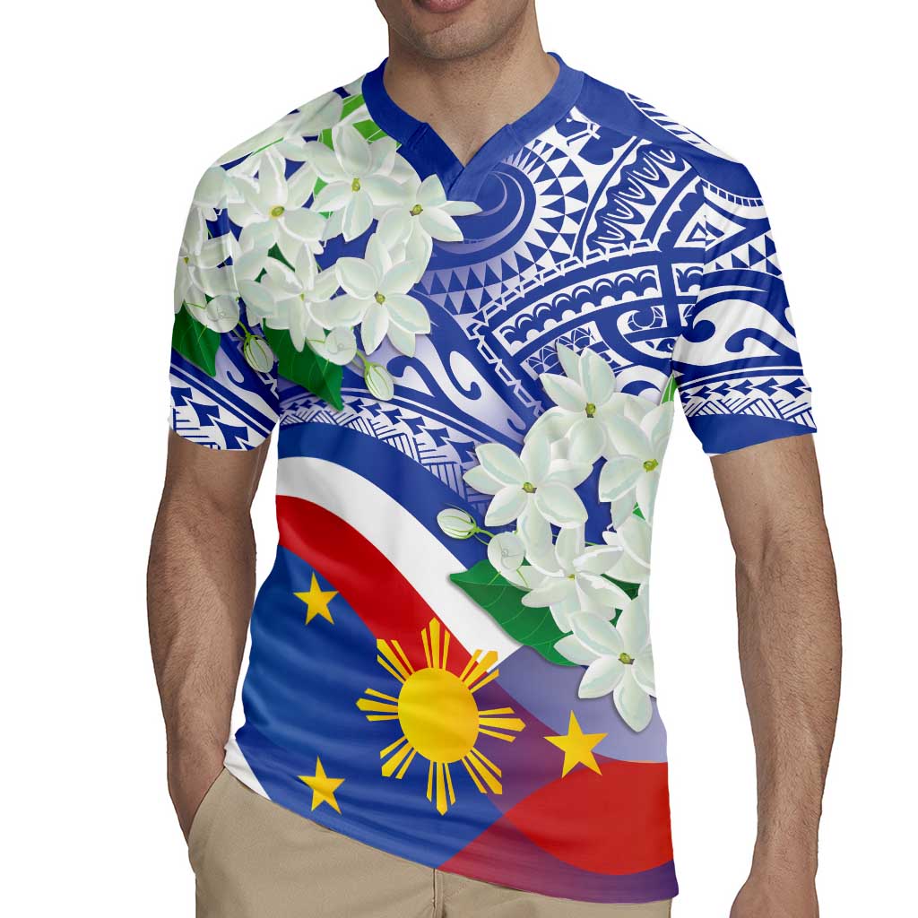 Philippines Flag Rugby Jersey Sampaguita Jasmine with Polynesian Tribal - Wonder Print Shop