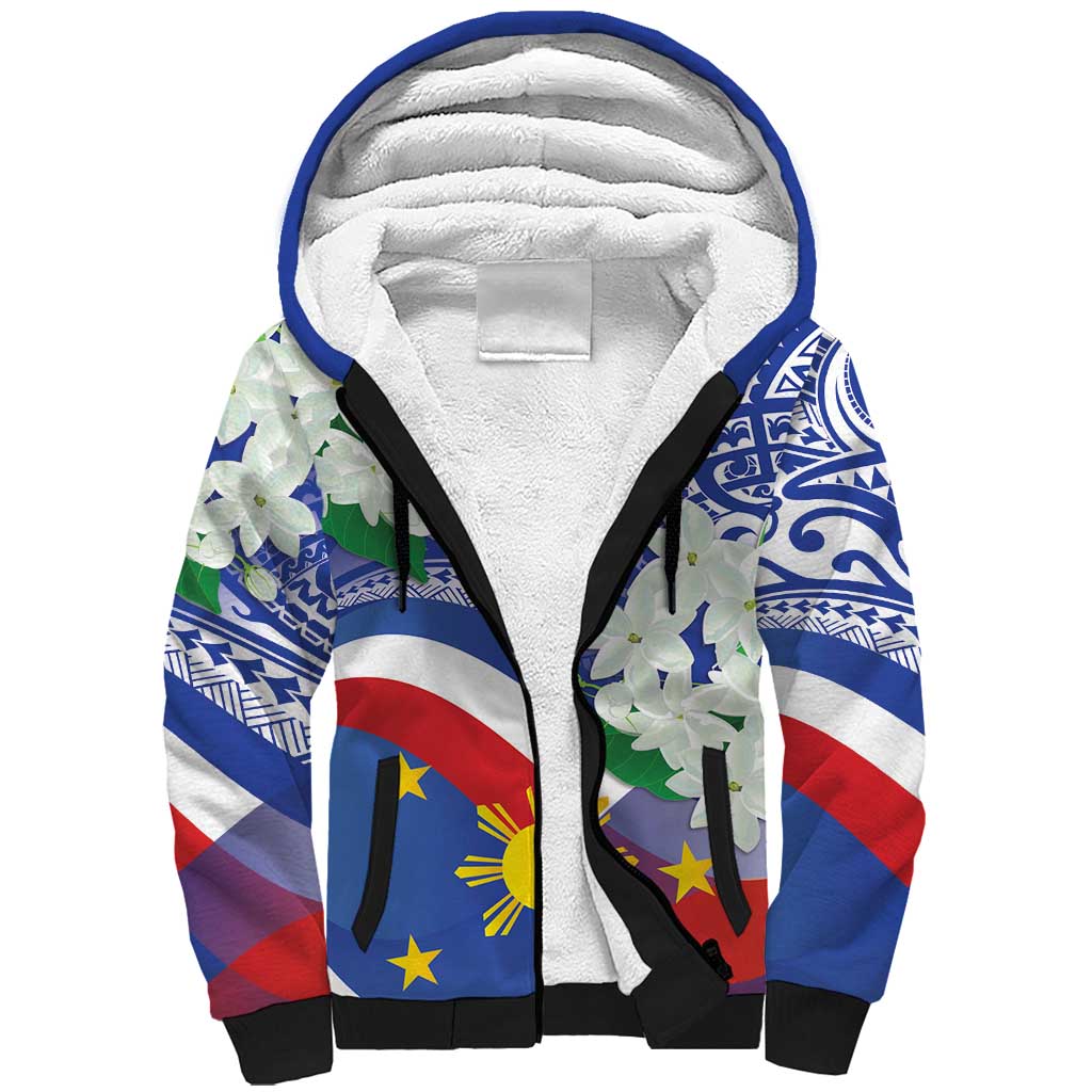 Philippines Flag Sherpa Hoodie Sampaguita Jasmine with Polynesian Tribal - Wonder Print Shop