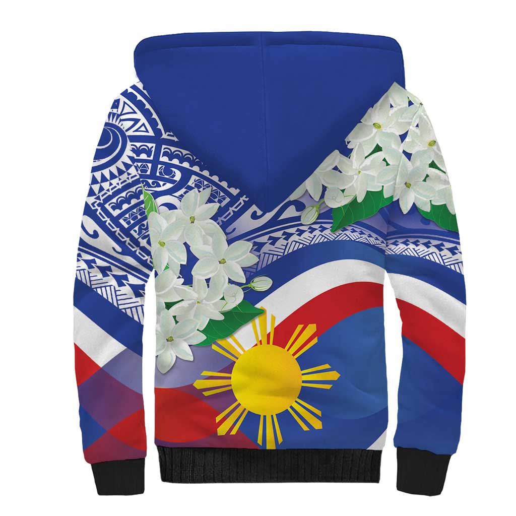 Philippines Flag Sherpa Hoodie Sampaguita Jasmine with Polynesian Tribal - Wonder Print Shop