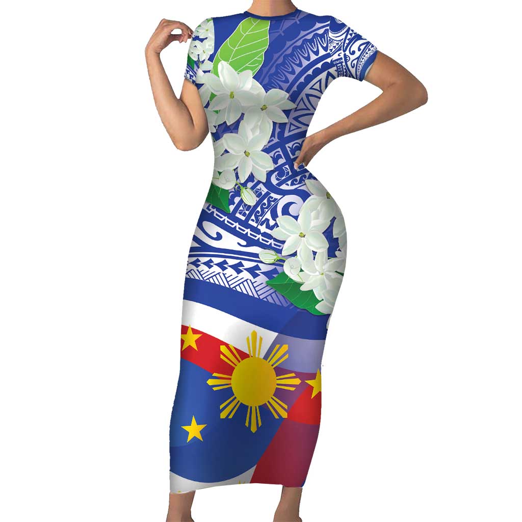 Philippines Flag Short Sleeve Bodycon Dress Sampaguita Jasmine with Polynesian Tribal - Wonder Print Shop