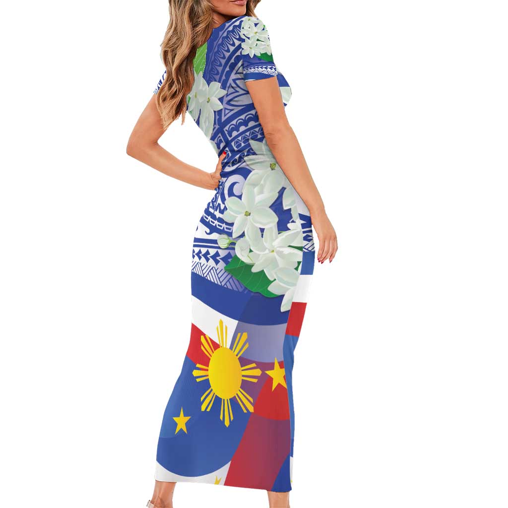 Philippines Flag Short Sleeve Bodycon Dress Sampaguita Jasmine with Polynesian Tribal - Wonder Print Shop