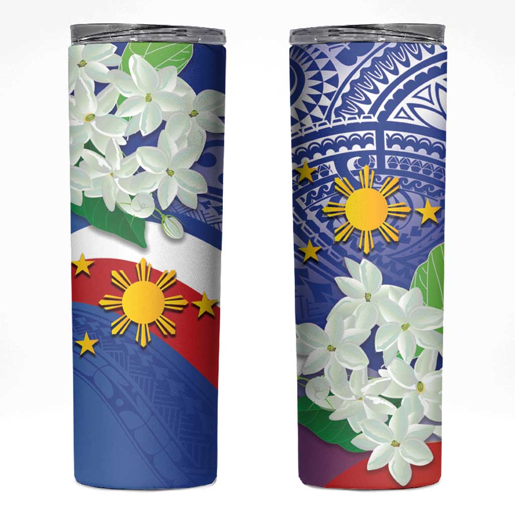 Philippines Flag Skinny Tumbler Sampaguita Jasmine with Polynesian Tribal - Wonder Print Shop