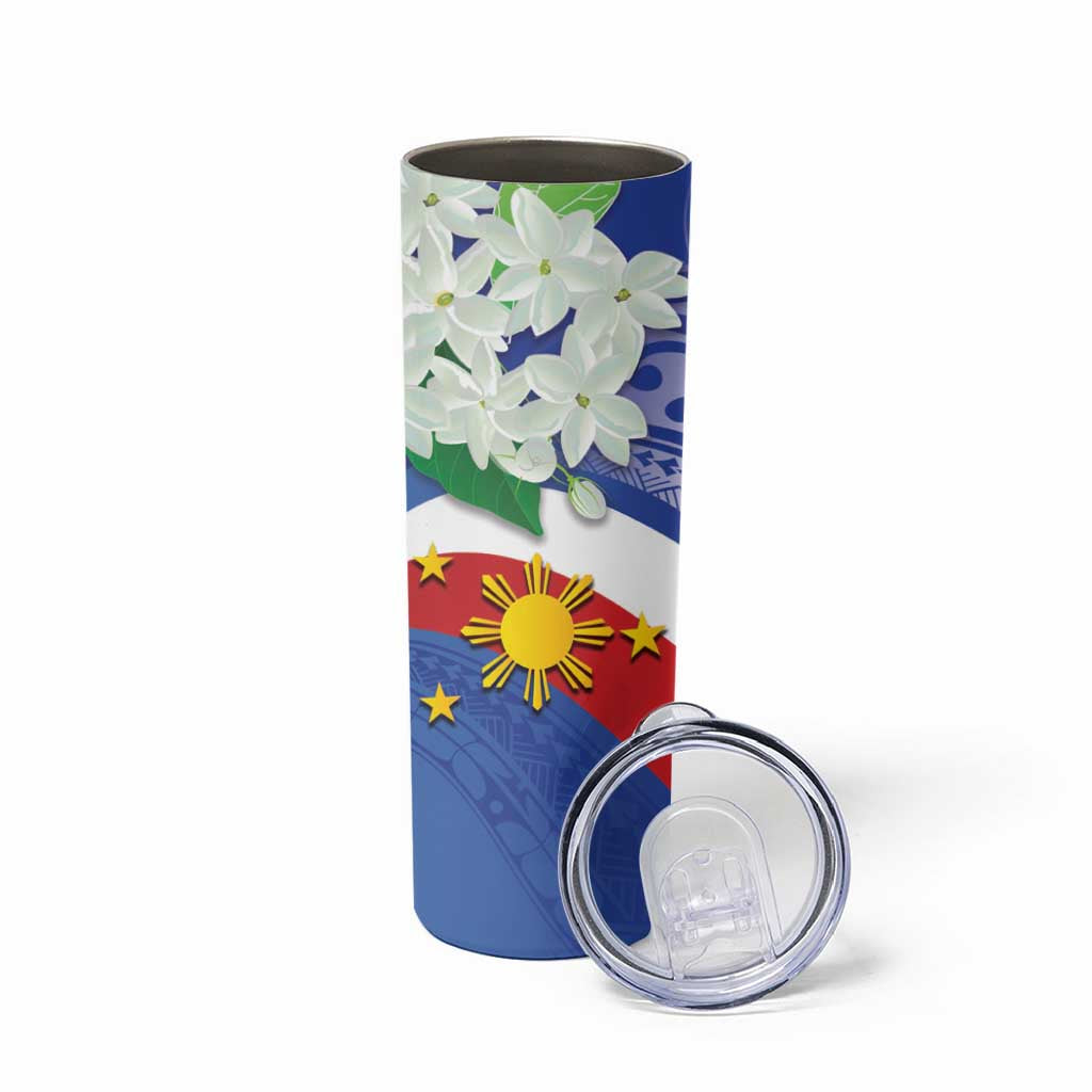 Philippines Flag Skinny Tumbler Sampaguita Jasmine with Polynesian Tribal - Wonder Print Shop