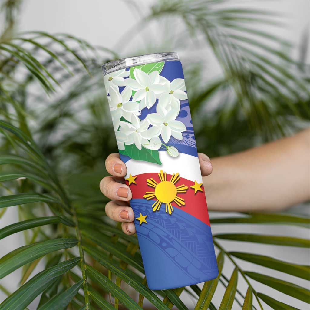 Philippines Flag Skinny Tumbler Sampaguita Jasmine with Polynesian Tribal - Wonder Print Shop