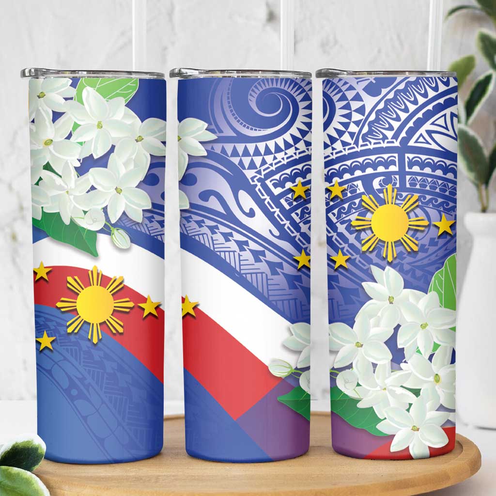 Philippines Flag Skinny Tumbler Sampaguita Jasmine with Polynesian Tribal - Wonder Print Shop