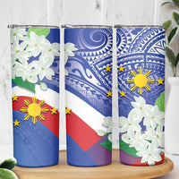 Philippines Flag Skinny Tumbler Sampaguita Jasmine with Polynesian Tribal - Wonder Print Shop