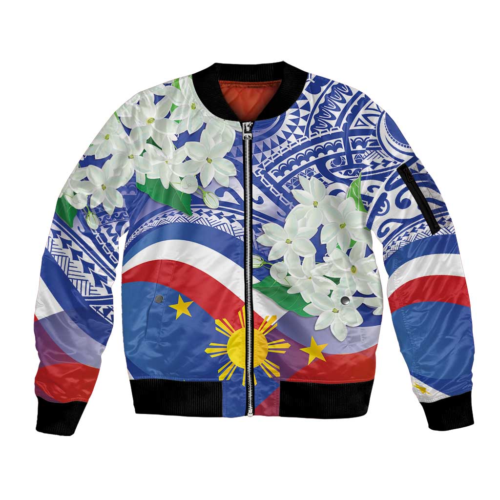 Philippines Flag Sleeve Zip Bomber Jacket Sampaguita Jasmine with Polynesian Tribal - Wonder Print Shop