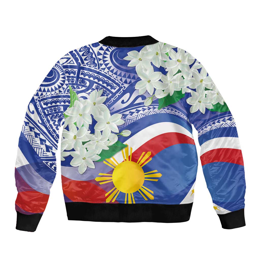 Philippines Flag Sleeve Zip Bomber Jacket Sampaguita Jasmine with Polynesian Tribal - Wonder Print Shop