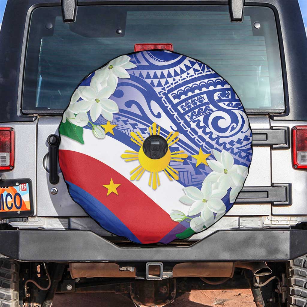 Philippines Flag Spare Tire Cover Sampaguita Jasmine with Polynesian Tribal - Wonder Print Shop