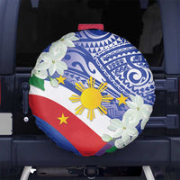 Philippines Flag Spare Tire Cover Sampaguita Jasmine with Polynesian Tribal - Wonder Print Shop