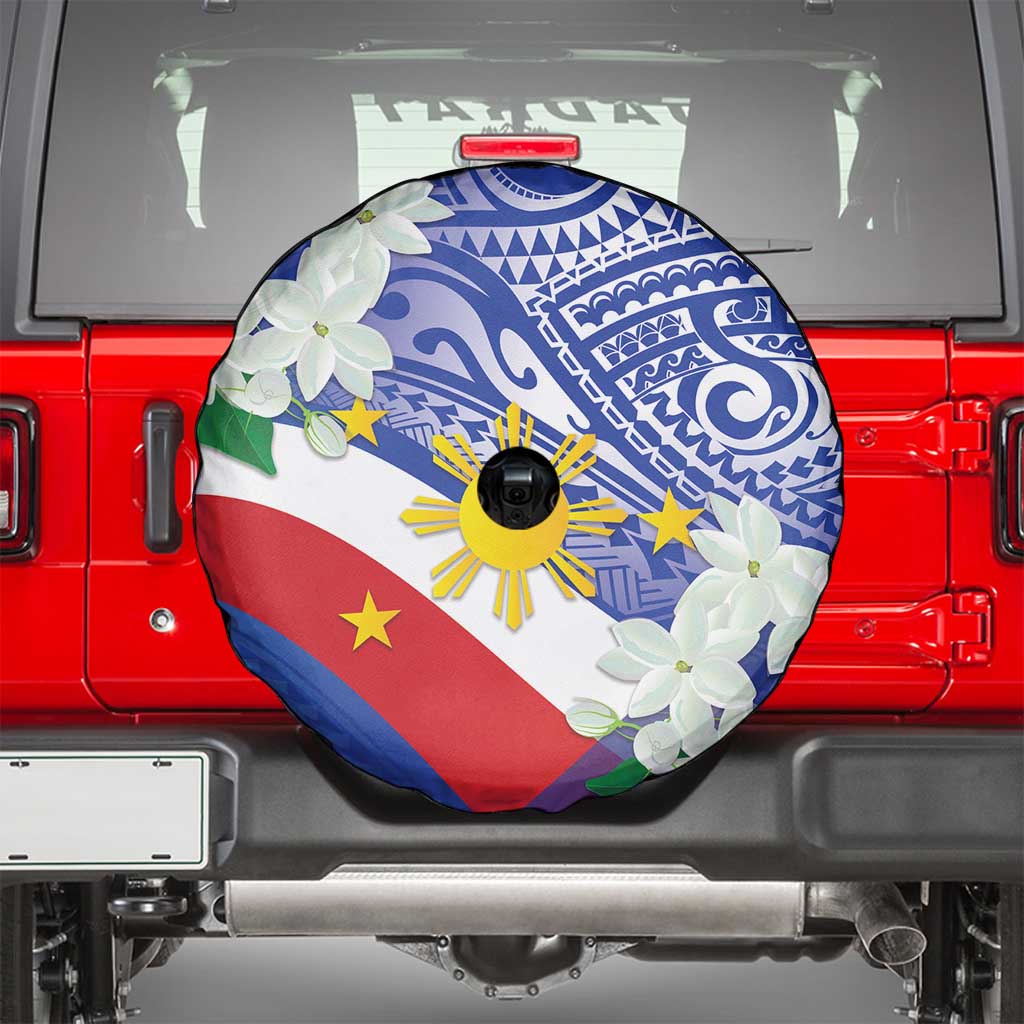 Philippines Flag Spare Tire Cover Sampaguita Jasmine with Polynesian Tribal - Wonder Print Shop