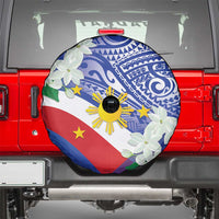 Philippines Flag Spare Tire Cover Sampaguita Jasmine with Polynesian Tribal - Wonder Print Shop