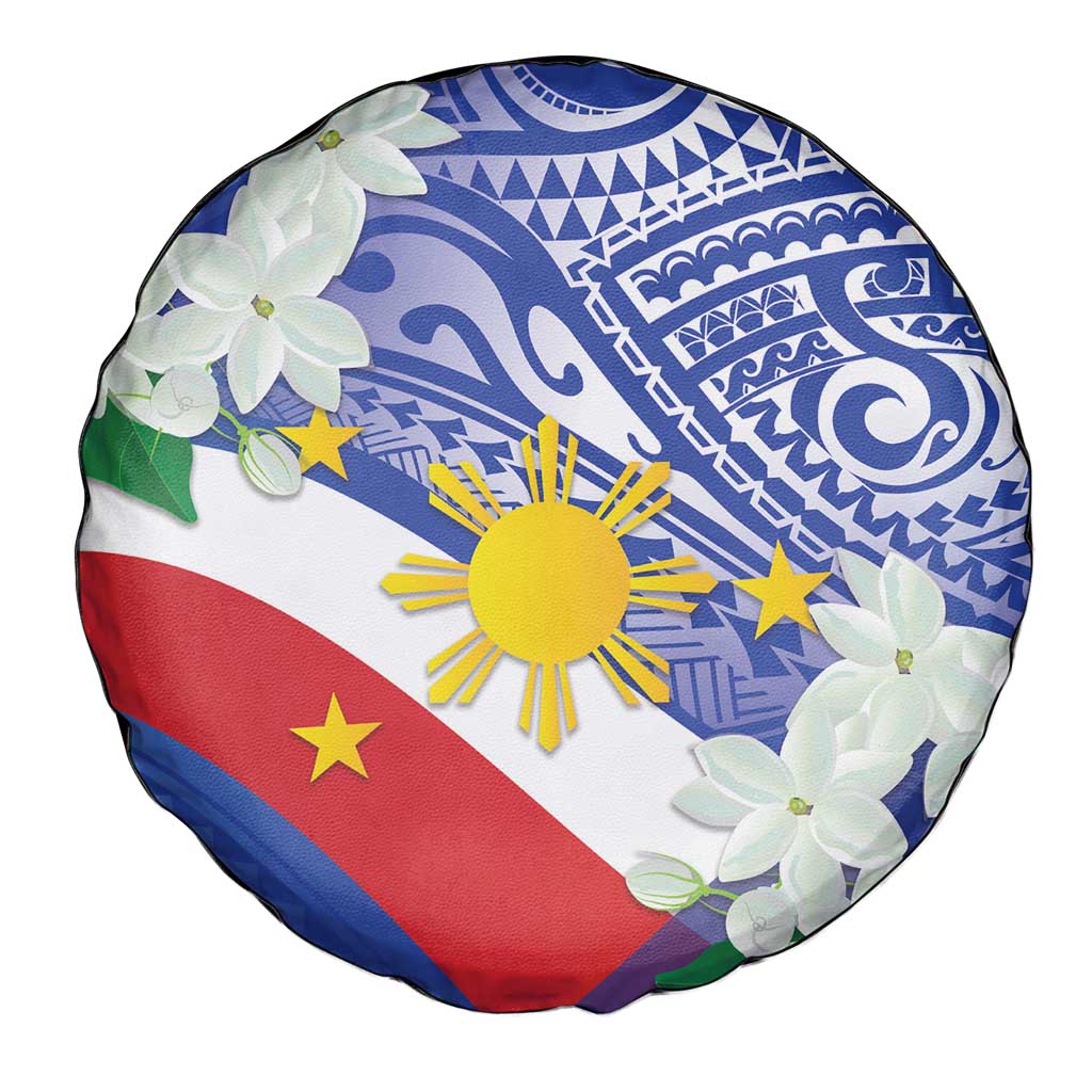Philippines Flag Spare Tire Cover Sampaguita Jasmine with Polynesian Tribal - Wonder Print Shop