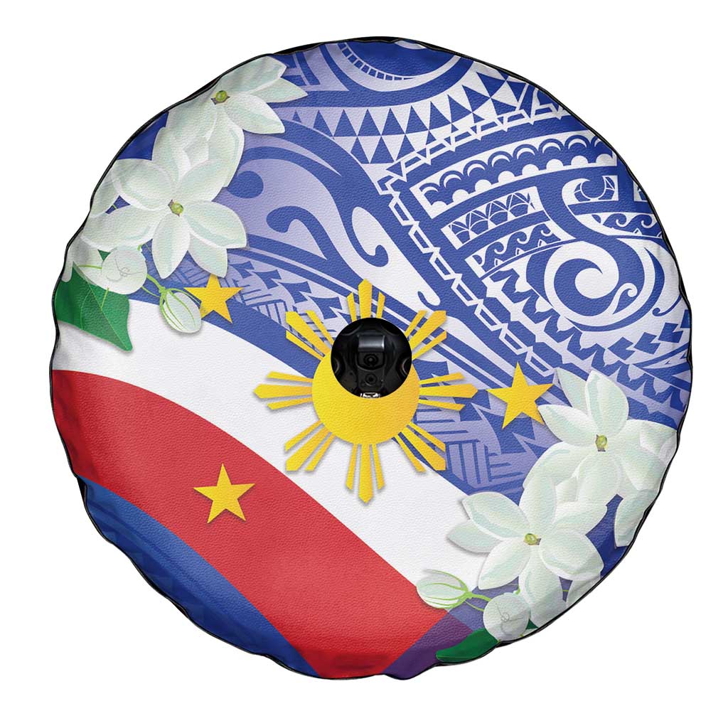 Philippines Flag Spare Tire Cover Sampaguita Jasmine with Polynesian Tribal - Wonder Print Shop