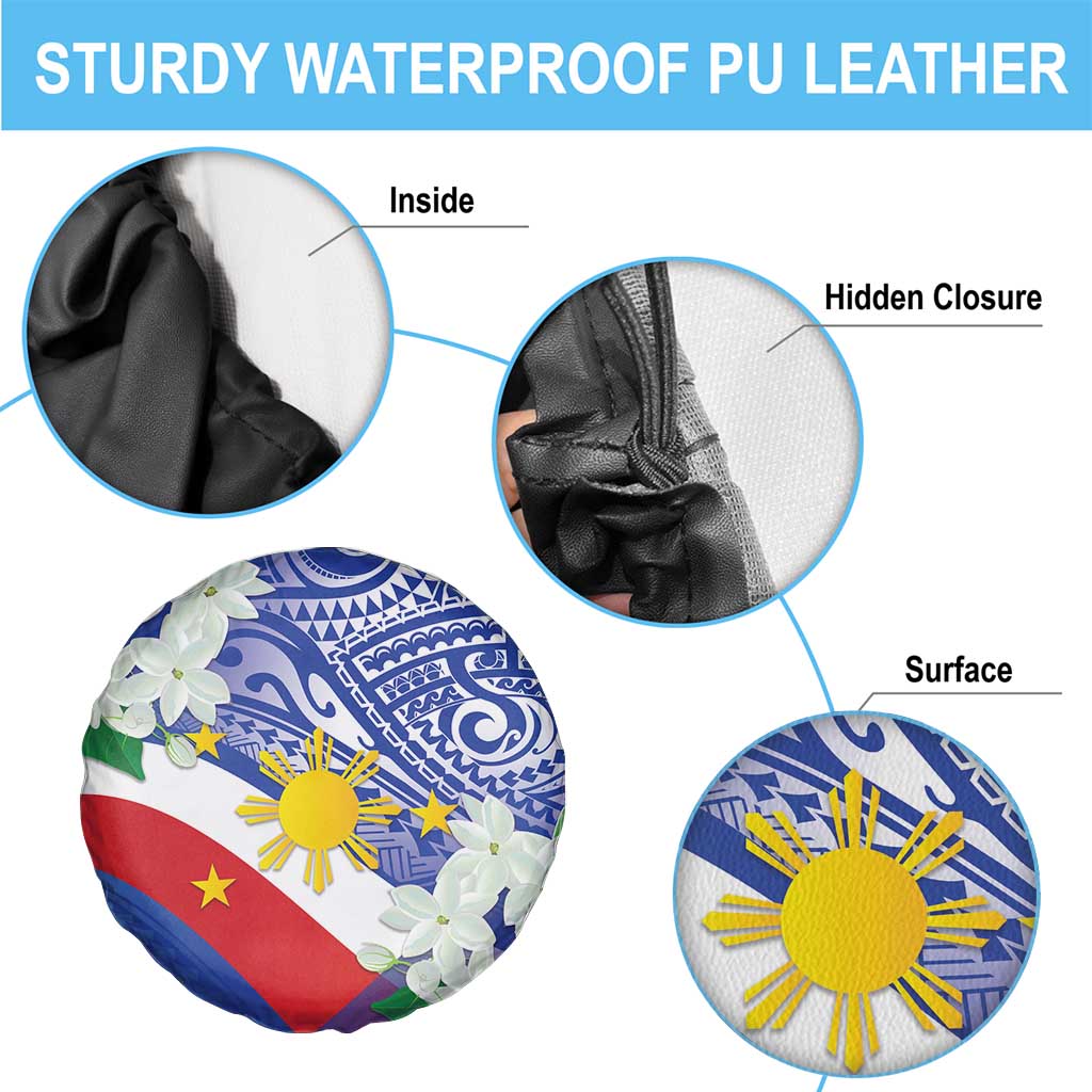 Philippines Flag Spare Tire Cover Sampaguita Jasmine with Polynesian Tribal - Wonder Print Shop