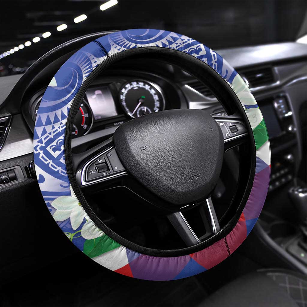 Philippines Flag Steering Wheel Cover Sampaguita Jasmine with Polynesian Tribal - Wonder Print Shop