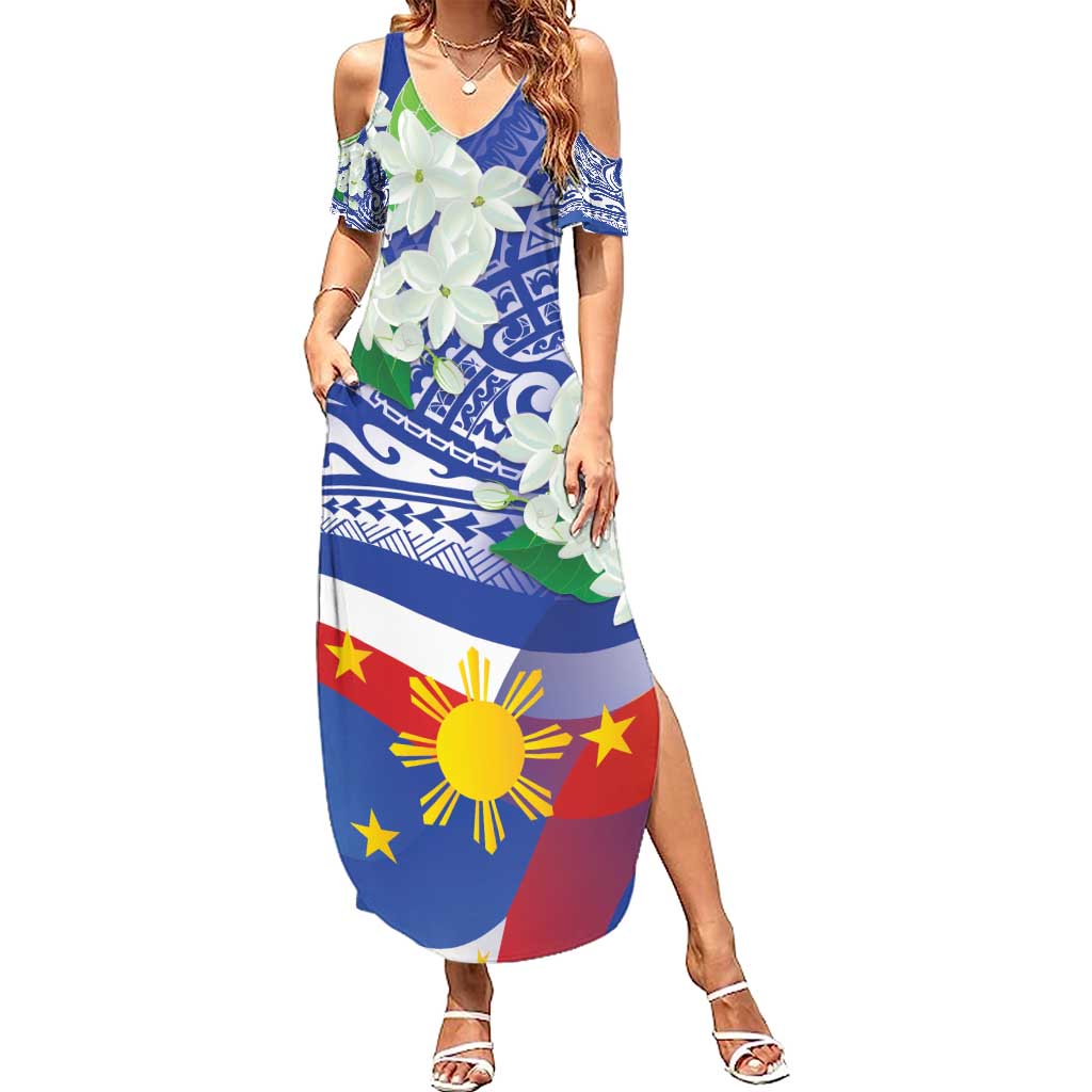 Philippines Flag Summer Maxi Dress Sampaguita Jasmine with Polynesian Tribal - Wonder Print Shop