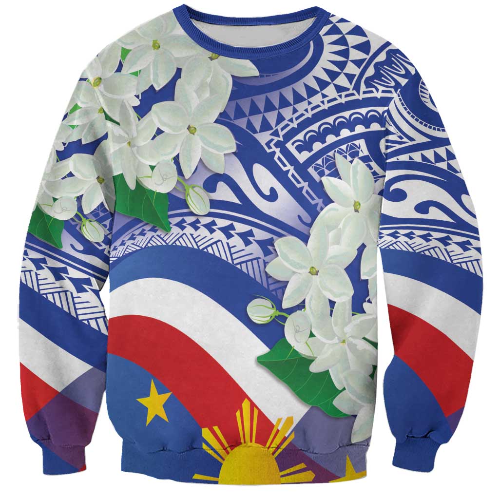 Philippines Flag Sweatshirt Sampaguita Jasmine with Polynesian Tribal - Wonder Print Shop