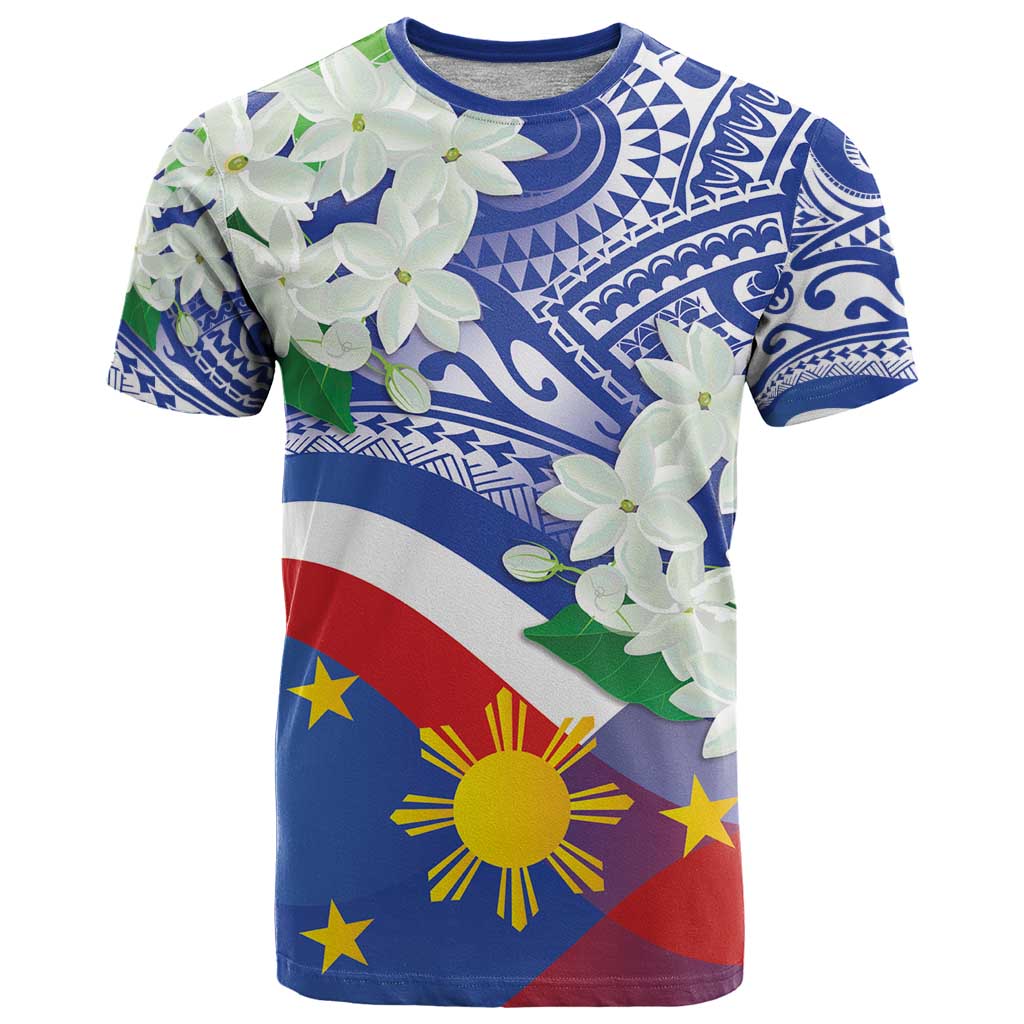 Philippines Flag T Shirt Sampaguita Jasmine with Polynesian Tribal - Wonder Print Shop