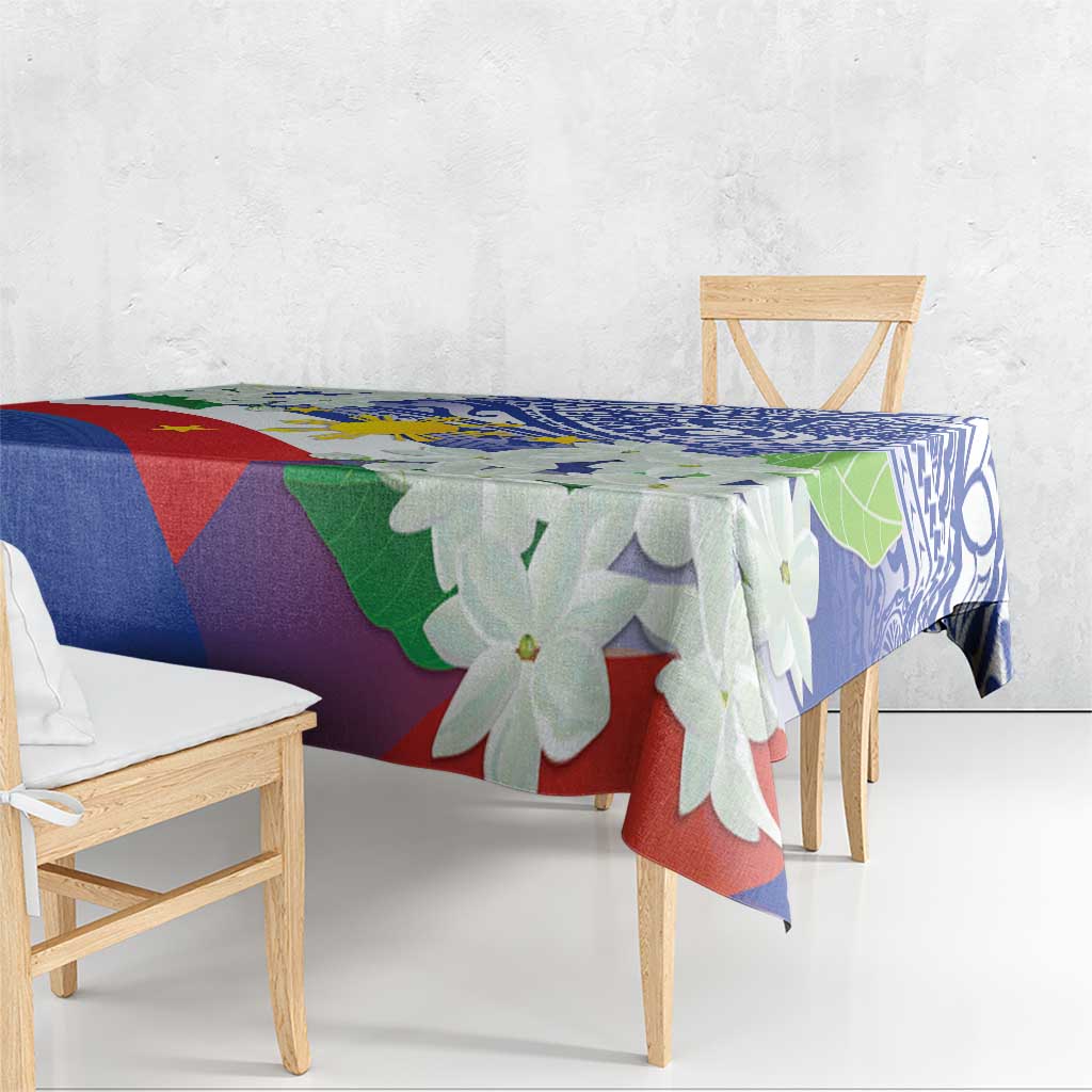 Philippines Flag Tablecloth Sampaguita Jasmine with Polynesian Tribal - Wonder Print Shop
