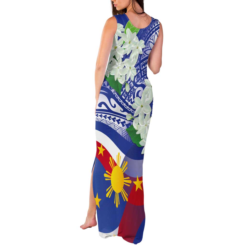 Philippines Flag Tank Maxi Dress Sampaguita Jasmine with Polynesian Tribal - Wonder Print Shop