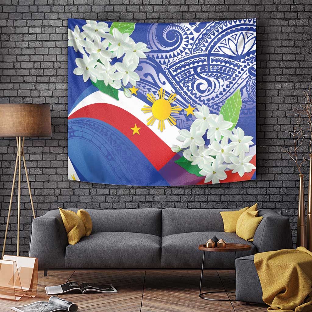 Philippines Flag Tapestry Sampaguita Jasmine with Polynesian Tribal - Wonder Print Shop