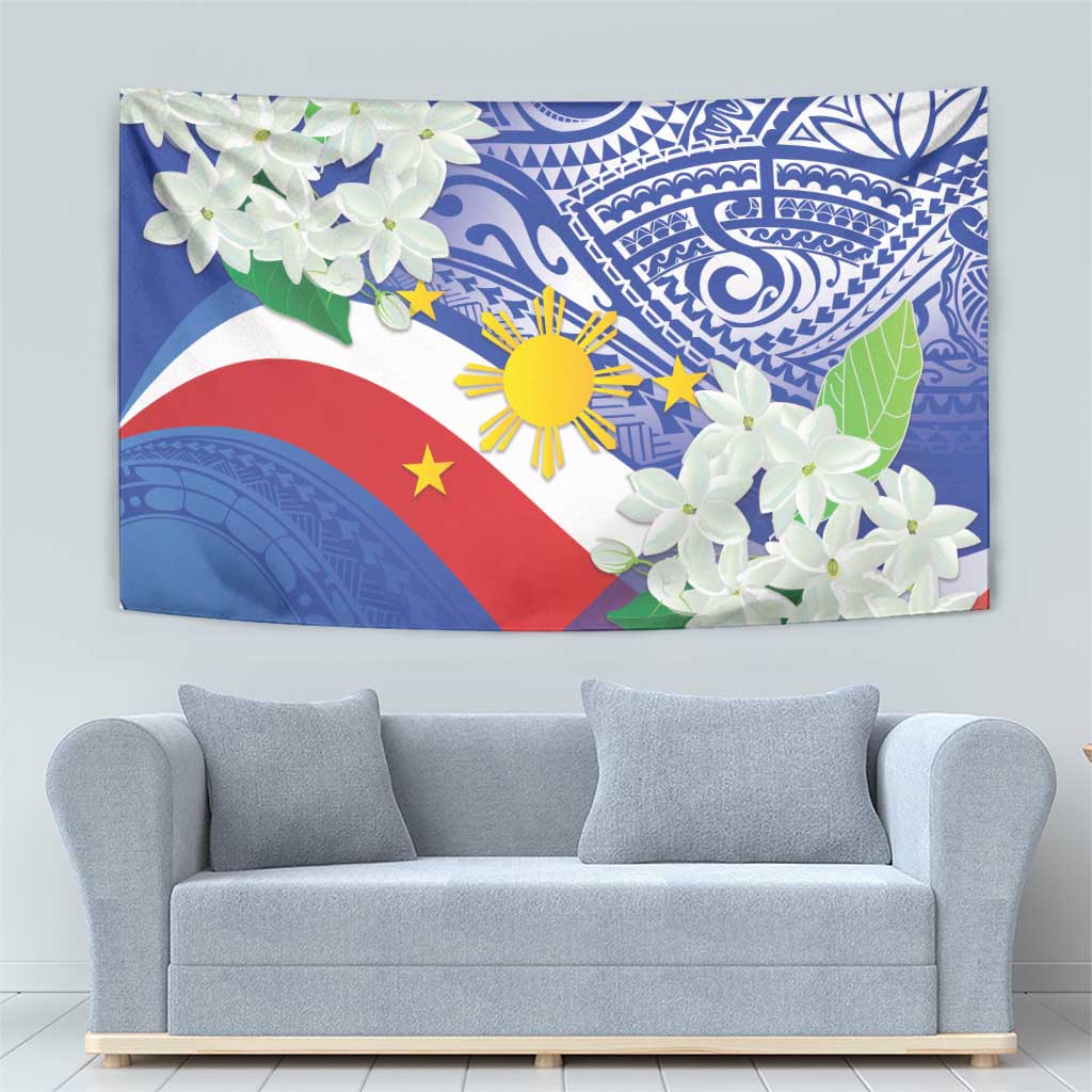 Philippines Flag Tapestry Sampaguita Jasmine with Polynesian Tribal - Wonder Print Shop