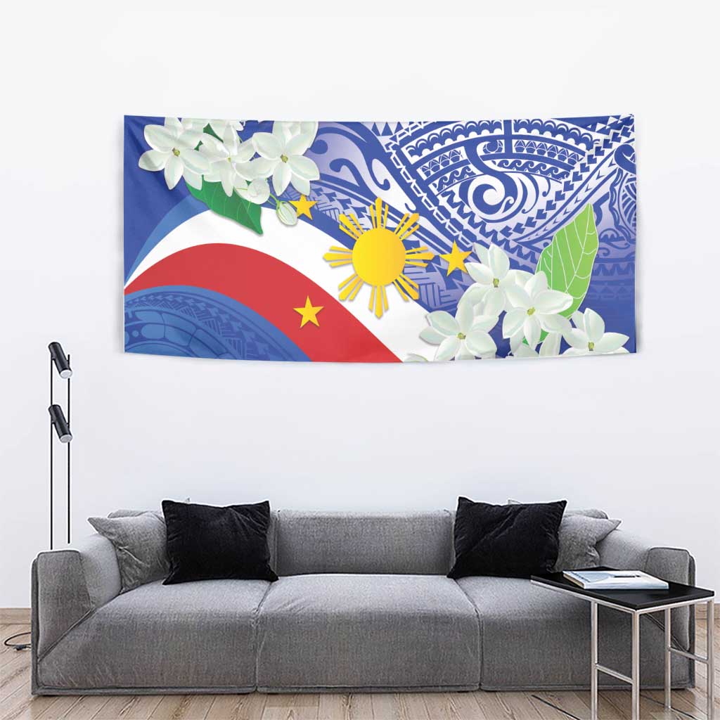 Philippines Flag Tapestry Sampaguita Jasmine with Polynesian Tribal - Wonder Print Shop