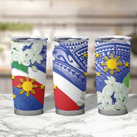 Philippines Flag Tumbler Cup Sampaguita Jasmine with Polynesian Tribal - Wonder Print Shop