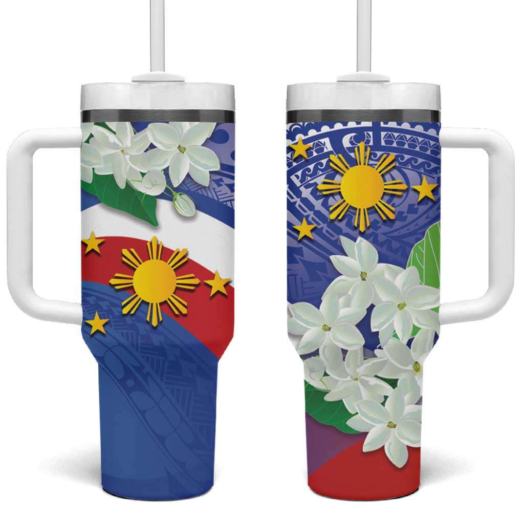 Philippines Flag Tumbler With Handle Sampaguita Jasmine with Polynesian Tribal - Wonder Print Shop