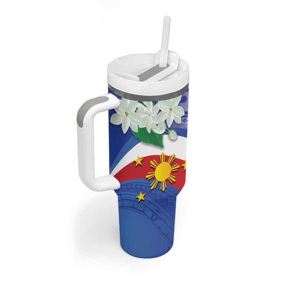 Philippines Flag Tumbler With Handle Sampaguita Jasmine with Polynesian Tribal - Wonder Print Shop