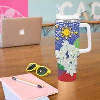 Philippines Flag Tumbler With Handle Sampaguita Jasmine with Polynesian Tribal - Wonder Print Shop