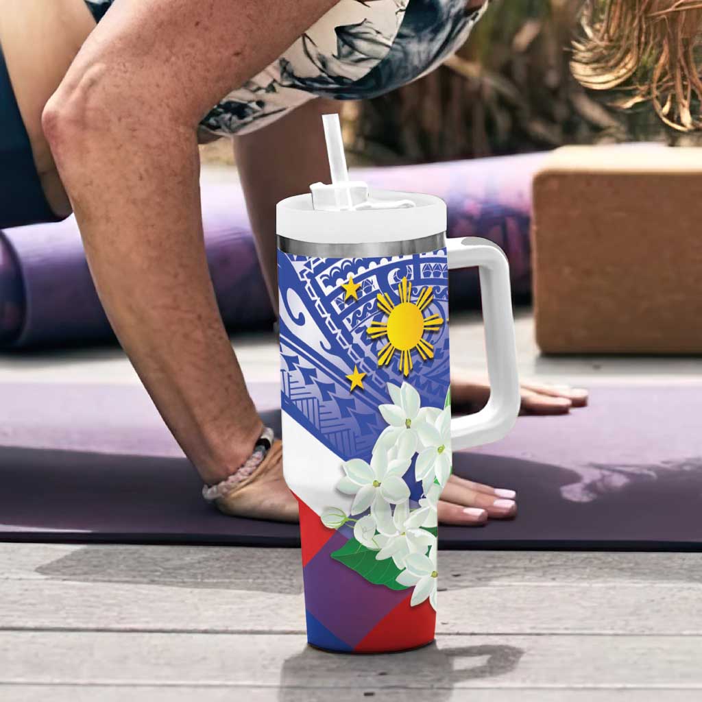 Philippines Flag Tumbler With Handle Sampaguita Jasmine with Polynesian Tribal - Wonder Print Shop
