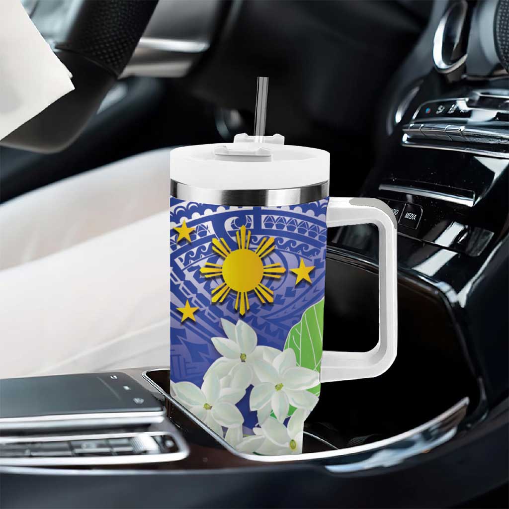 Philippines Flag Tumbler With Handle Sampaguita Jasmine with Polynesian Tribal - Wonder Print Shop