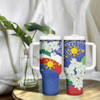 Philippines Flag Tumbler With Handle Sampaguita Jasmine with Polynesian Tribal - Wonder Print Shop