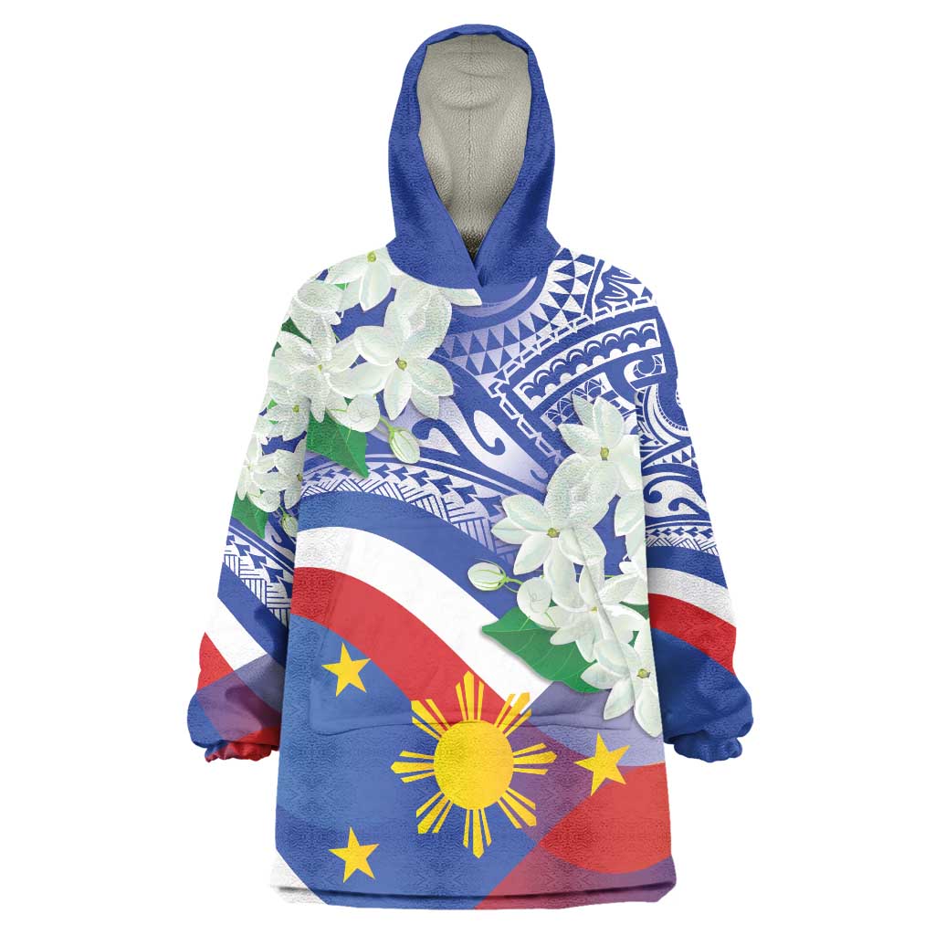 Philippines Flag Wearable Blanket Hoodie Sampaguita Jasmine with Polynesian Tribal - Wonder Print Shop