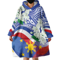 Philippines Flag Wearable Blanket Hoodie Sampaguita Jasmine with Polynesian Tribal - Wonder Print Shop
