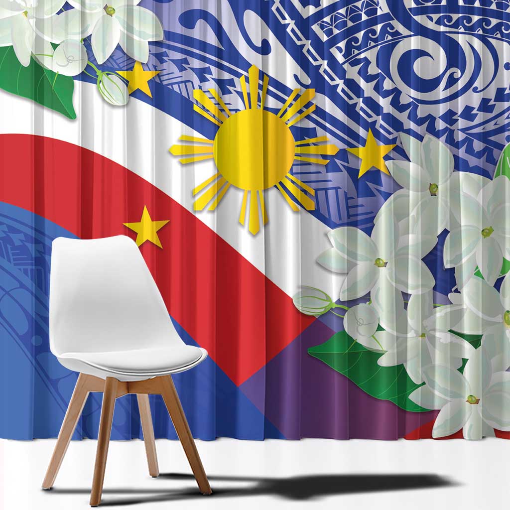 Philippines Flag Window Curtain Sampaguita Jasmine with Polynesian Tribal - Wonder Print Shop