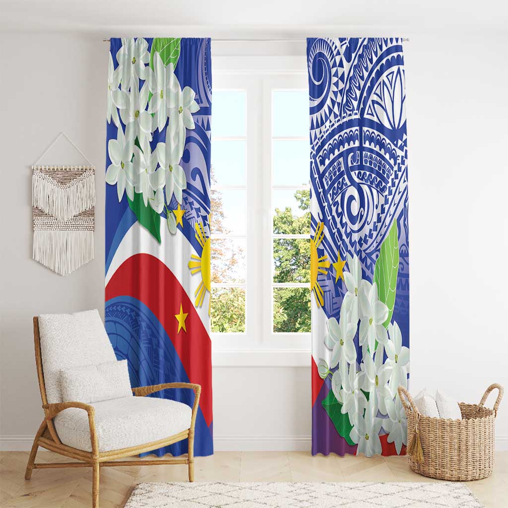 Philippines Flag Window Curtain Sampaguita Jasmine with Polynesian Tribal - Wonder Print Shop