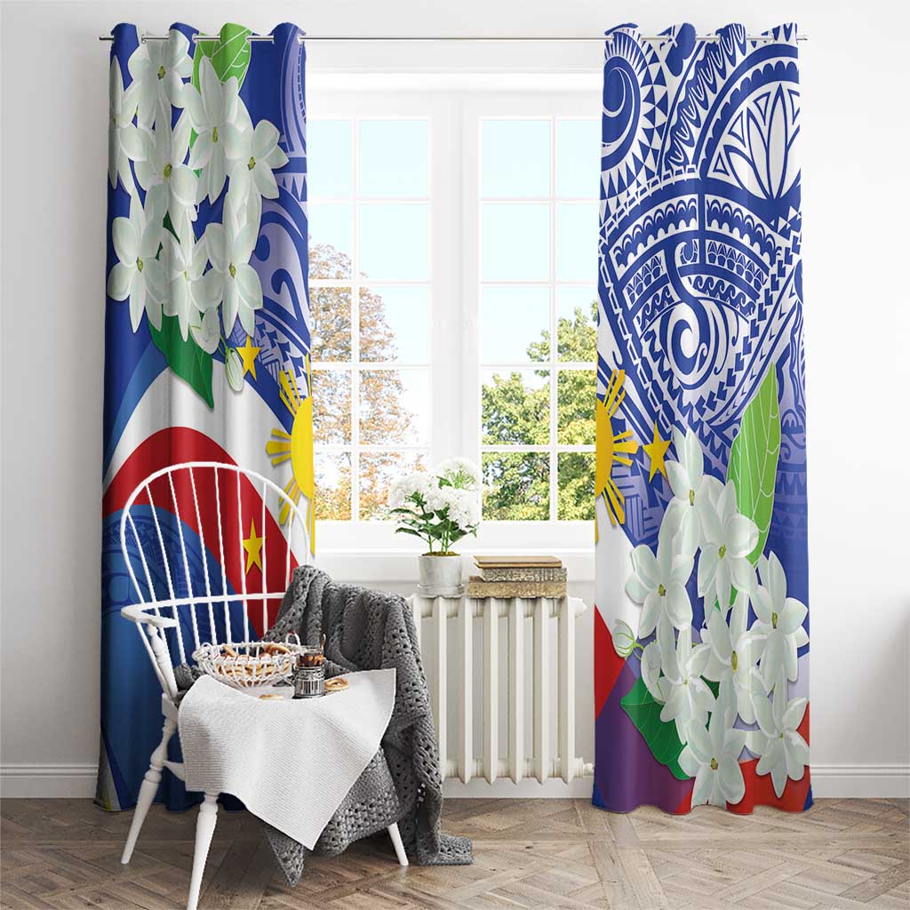 Philippines Flag Window Curtain Sampaguita Jasmine with Polynesian Tribal - Wonder Print Shop