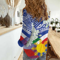 Philippines Flag Women Casual Shirt Sampaguita Jasmine with Polynesian Tribal - Wonder Print Shop