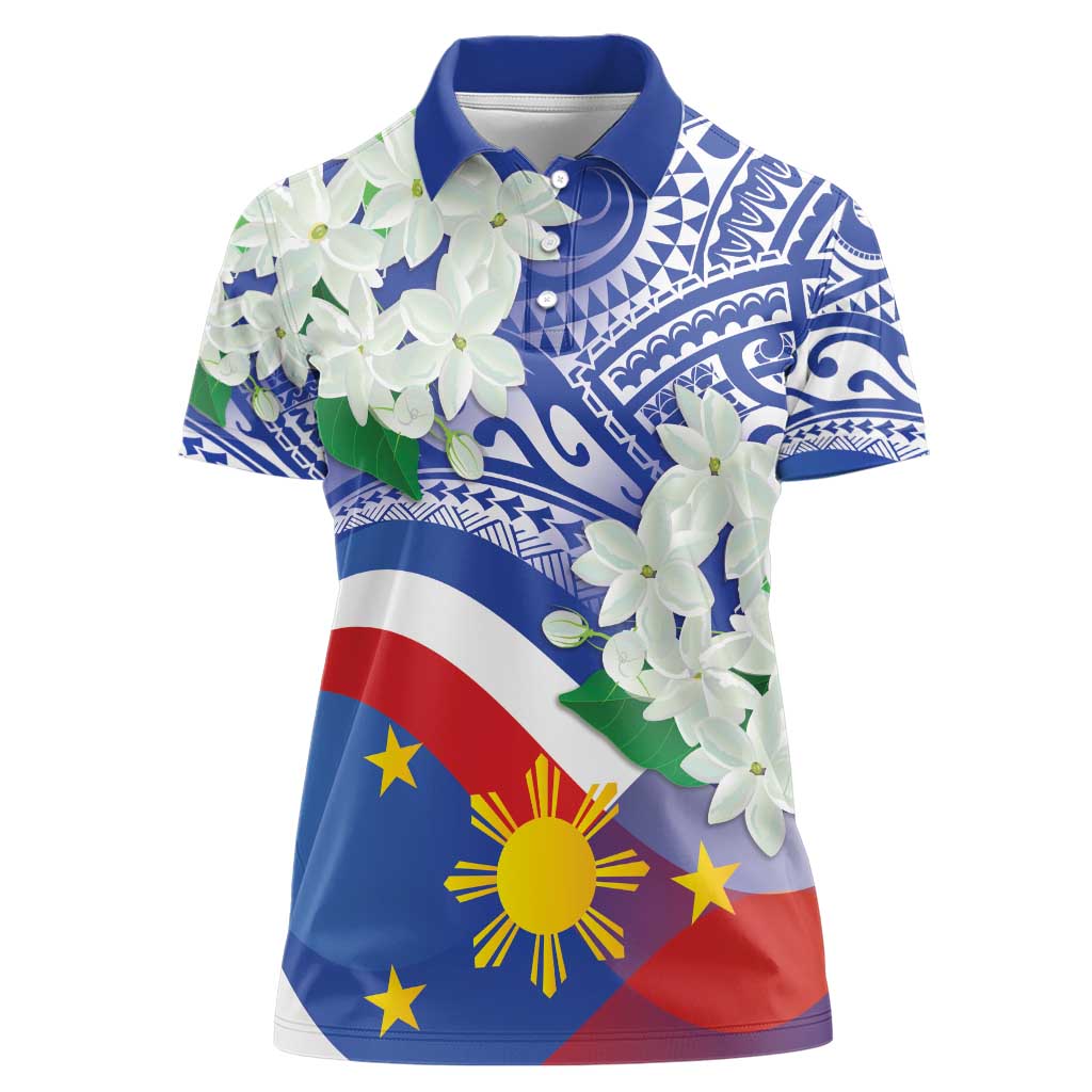Philippines Flag Women Polo Shirt Sampaguita Jasmine with Polynesian Tribal - Wonder Print Shop