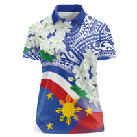 Philippines Flag Women Polo Shirt Sampaguita Jasmine with Polynesian Tribal - Wonder Print Shop