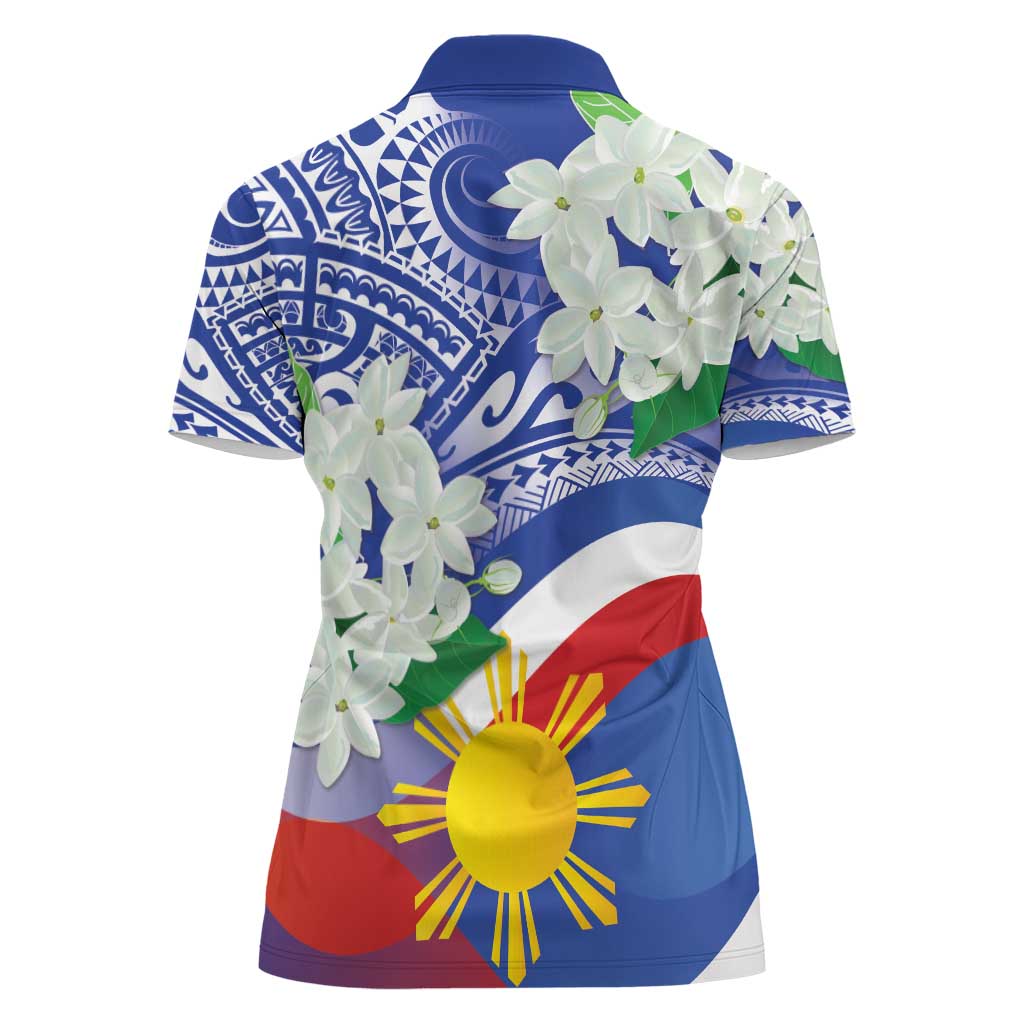 Philippines Flag Women Polo Shirt Sampaguita Jasmine with Polynesian Tribal - Wonder Print Shop