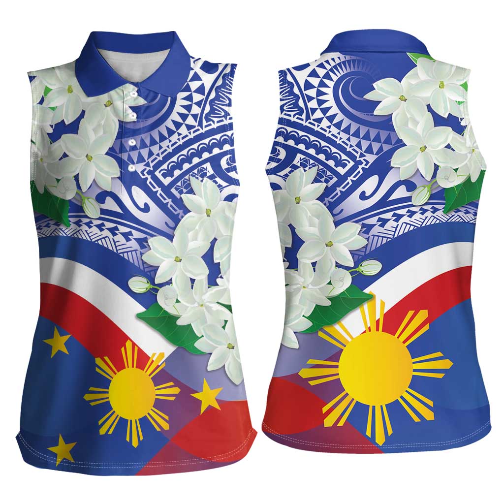 Philippines Flag Women Sleeveless Polo Shirt Sampaguita Jasmine with Polynesian Tribal - Wonder Print Shop