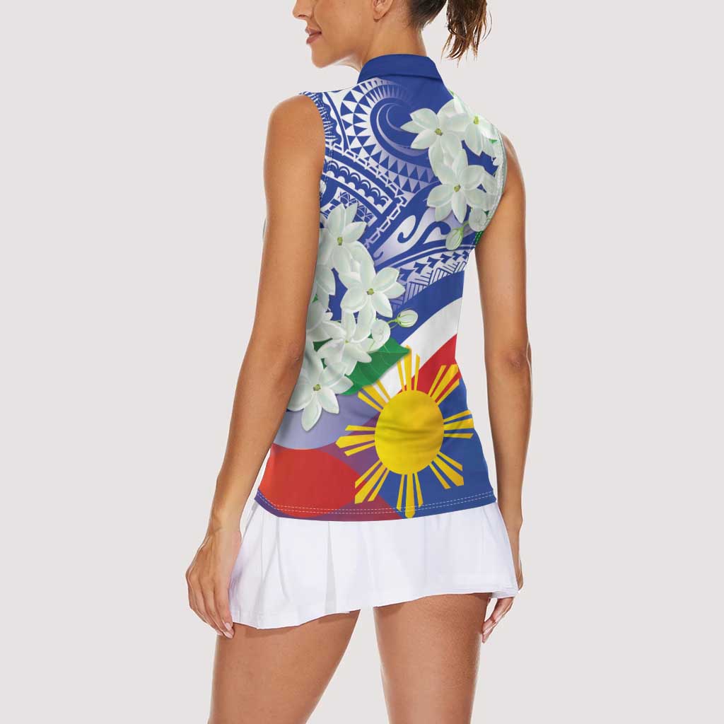 Philippines Flag Women Sleeveless Polo Shirt Sampaguita Jasmine with Polynesian Tribal - Wonder Print Shop